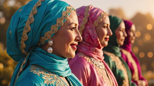 Diverse Group of Elegant Women Wearing Colorful Hijabs and Traditional Outfits Posing Together