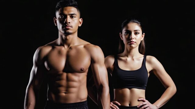 A man and woman posing as fitness models.