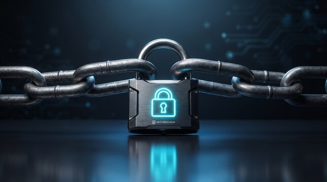 Padlock securing heavy metal chains against a digital background representing online data security.