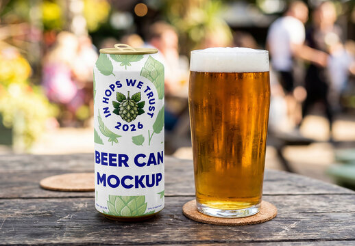 Beer Can on Table Mockup