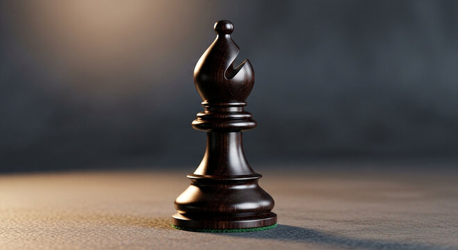 Elegant dark wood bishop chess piece on textured surface, dramatic lighting