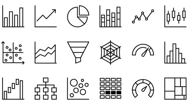 A comprehensive collection of data visualization icons representing various methods for analyzing and presenting information effectively