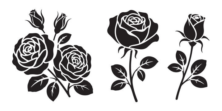 Elegant black rose stencil flower graphics with sharp thorns and leaves vector collection for art prints.