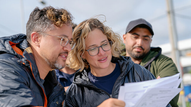 A diverse business coaching cohort huddles under an overcast September sky outside a refugee resettlement centre, a South African facilitator and an Armenian participant reviewing printed strategy w