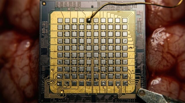Silicon microchip implant demonstrating neural interface integration, gold microelectrode array resting on wet cerebral cortex tissue, showing surgical bioengineering macro detail.