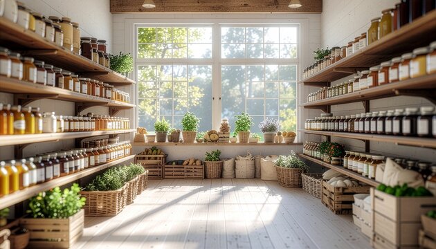 Sunlit farmhouse pantry with shelves of preserved food and plants