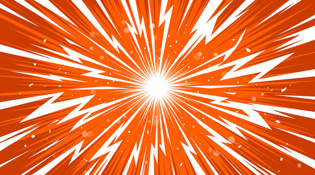 Vibrant orange comic book style radial lines with white lightning bolts creating intense explosive impact energy