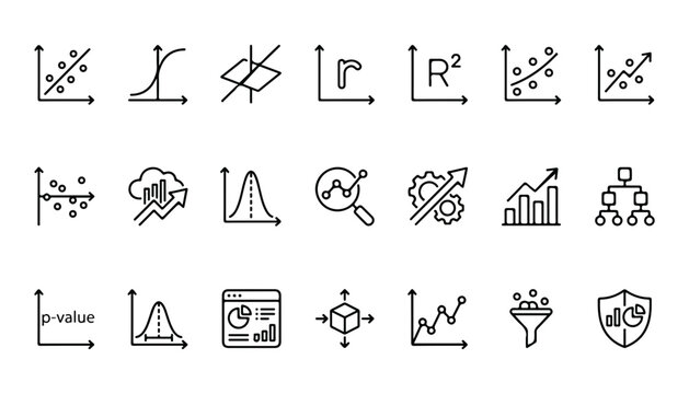 Data science and statistical analysis line icons set with regression models and probability curves vector