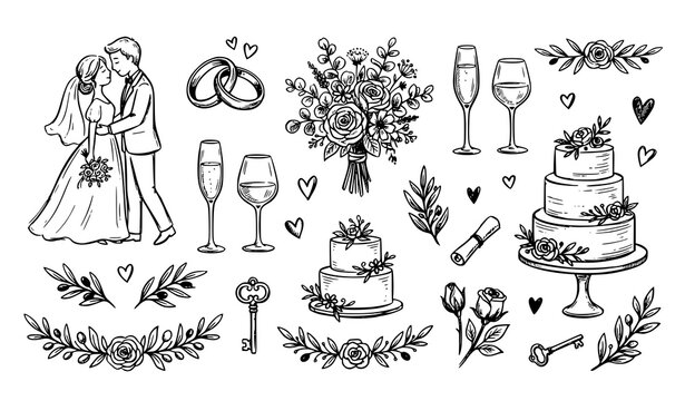 Hand drawn wedding set with bride and groom couple wedding rings flower bouquet wine glasses cake and vintage key elements, sketch illustration