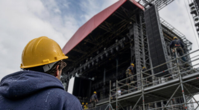 Worker in Hard Hat Overseeing Concert Stage Construction
