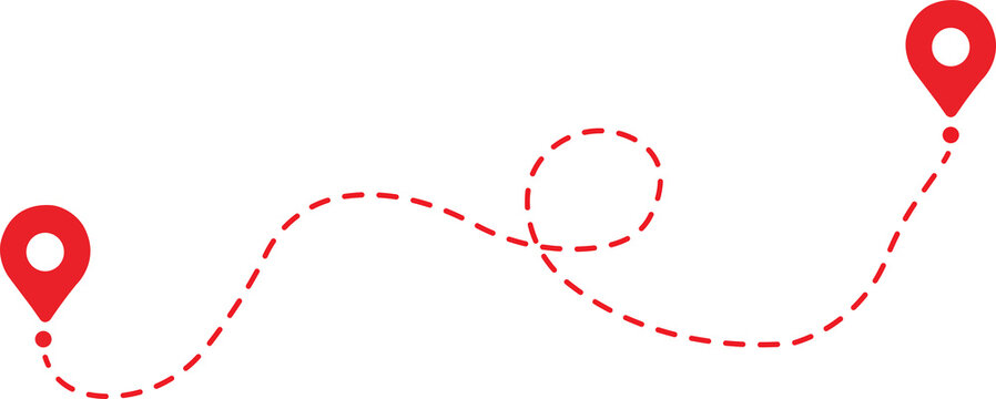 Red Dotted Navigation Route with Location Pins Isolated on Transparent Background