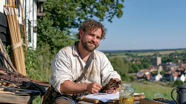 Fletcher's workshop in a quiet pastoral landscape, bundles of arrow shafts drying beside bowyer tools, a curly haired craftsman dyeing natural turkey feathers with plant extract, traditional archery
