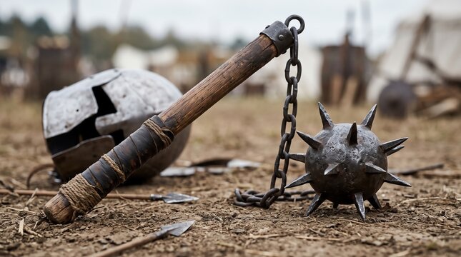 Medieval flail and helmet on battlefield with arrows in background