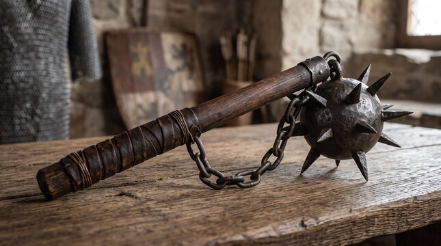 Medieval spiked mace on rustic wooden table in historical setting