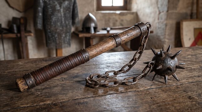Medieval flail weapon on rustic wooden table in historical armory