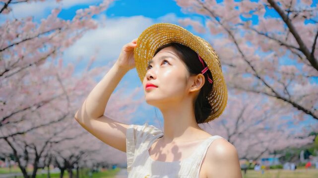 A woman in a straw hat with flowers on it is looking up at cherry blossoms, enjoying the beauty of the springtime blossoms.
