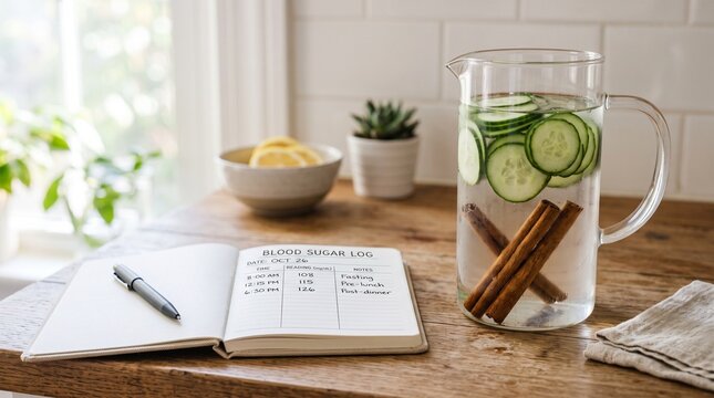 Glass pitcher of detox water with cucumber and cinnamon sticks beside a blood sugar log notebook on wooden table