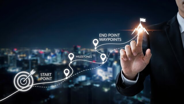 A businessman points to a digital growth trajectory map with milestones on a cityscape background. This concept visualizes strategic planning and corporate goal setting.