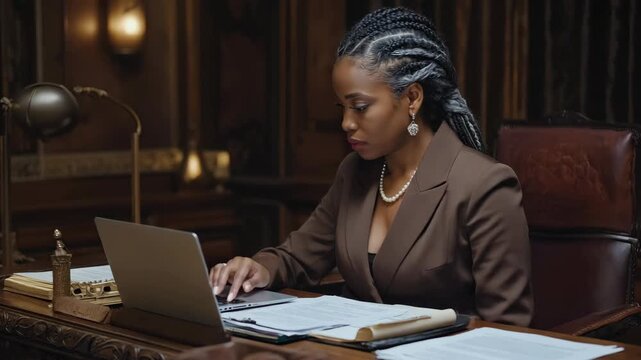 Dressed professionally, she concentrates at her desk. Her laptop and legal documents sit before her. Warm lighting highlights her focused expression. The rich wood tones add a formal atmosphere