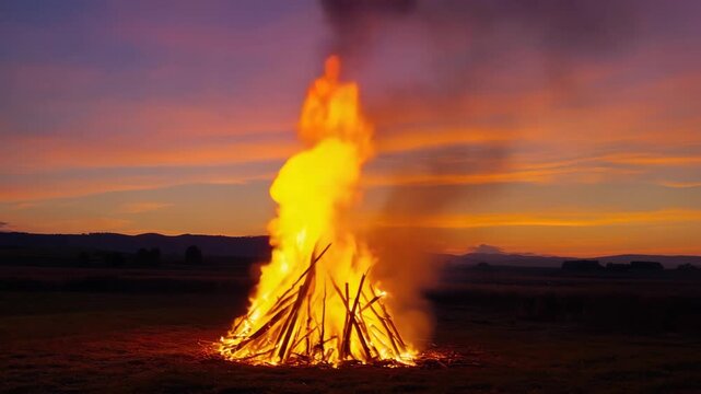 A large, vibrant bonfire illuminates the evening sky, casting a warm glow over the landscape.