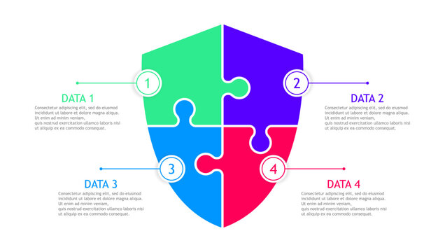 Infographic with shield made of puzzle pieces with 4 steps. Infographic design template with security shield made by color jigsaw puzzle. Vector.