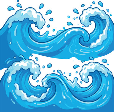 Water splashes. Cartoon blue water splash and sea waves with drops, ocean swirls, tidal flows with foam and ripple. Isolated vector