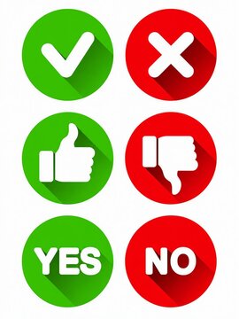 Set of approval and disapproval icons with yes no text buttons