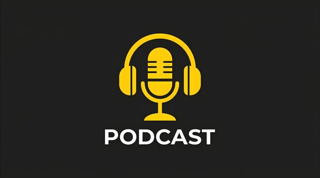Minimalist yellow podcast icon with microphone and headphones isolated on dark background