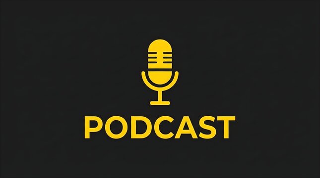 Minimalist yellow podcast microphone icon with text on dark background for audio broadcasting