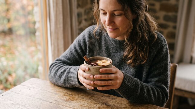 Woman holding a warm mug of spiced apple cider with cinnamon and star anise, enjoying a cozy moment indoors