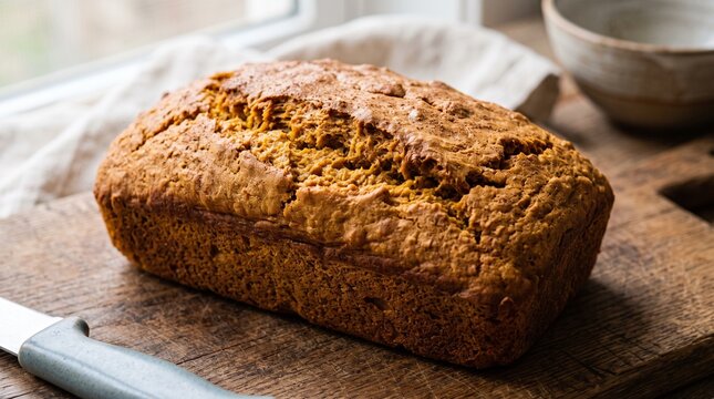 Golden brown loaf of freshly baked pumpkin bread on a rustic wooden cutting board with a knife and bowl