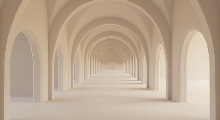Fototapeta premium Minimalist architectural corridor with repeating arches and soft beige lighting.