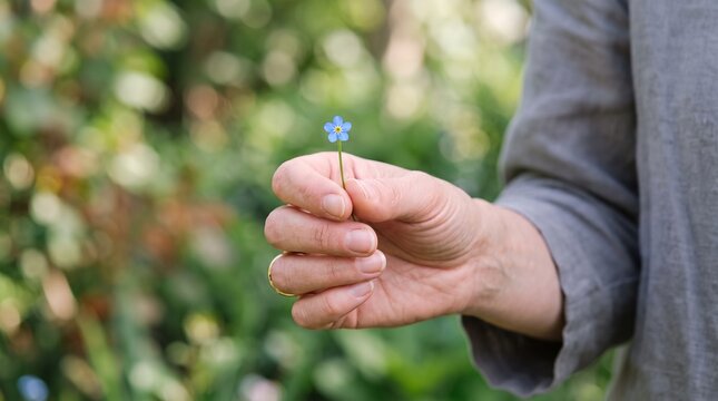 Close up of a person's hand holding a single delicate blue forget me not flower with a blurred green garden background
