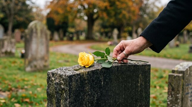 Person places yellow rose on gravestone in cemetery during autumn remembrance