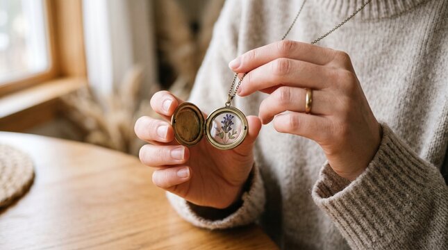 Woman wearing a sweater holds an open locket with a pressed lavender sprig inside, a symbol of remembrance and nature