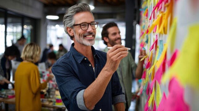 Mature businessman writing ideas on sticky notes during a corporate strategy meeting