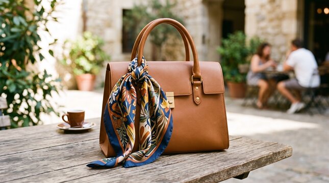 Elegant brown leather handbag with a colorful scarf and coffee cup on a rustic wooden table outdoors