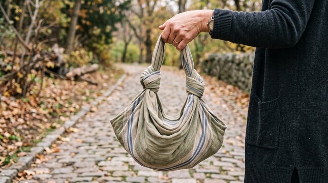 Person holding a striped fabric tote bag with knotted handles on a cobblestone path in autumn
