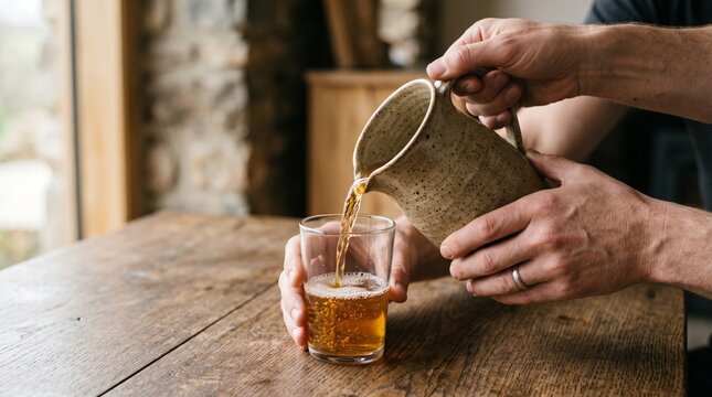Man pouring amber colored beverage from a speckled ceramic pitcher into a clear glass on a rustic wooden table