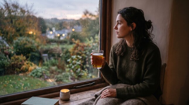 Woman holding a drink gazes out a rain streaked window at a cozy autumn garden scene