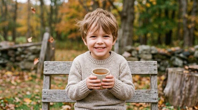 Young boy in a cozy sweater holding a warm drink while sitting on a rustic wooden bench outdoors in autumn