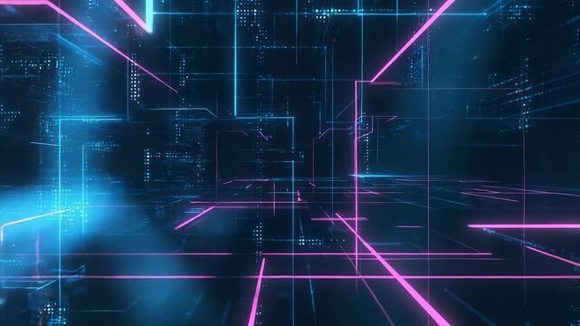 A digital of a futuristic computerized space with neon lights.