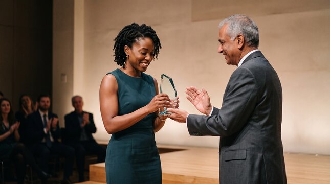 Woman receives award from man at ceremony with audience clapping in background