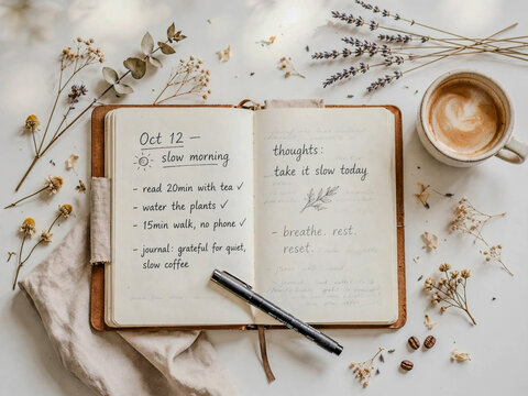 Open notebook with handwritten notes and a pen surrounded by dried flowers and a cup of coffee desk setup flat lay journaling planning notebook lavender handwriting thoughts stationary