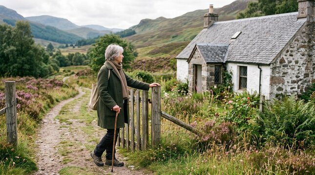 Elderly Woman with Cane Gazes at Remote Stone Cottage in Scottish Highlands Landscape