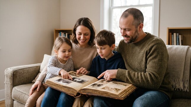 Family of four looking through an old photo album together on a couch, reminiscing about memories