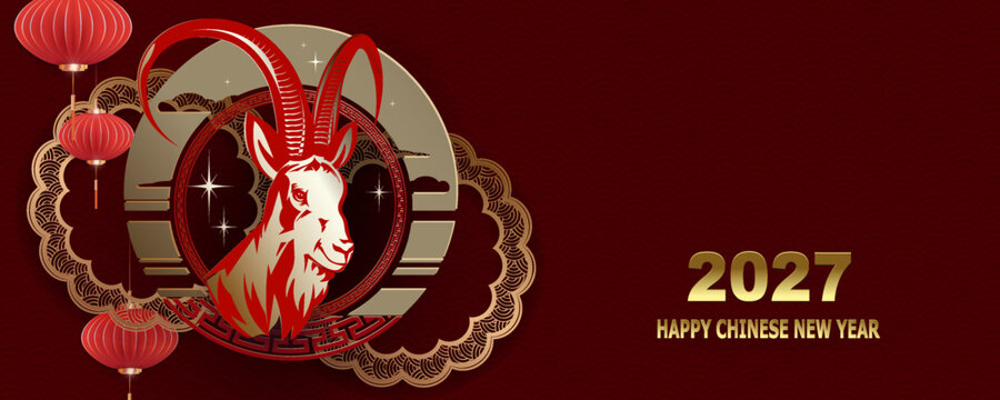 Chinese New Year 2027. Festive composition with a silhouette of a horned goat in a round frame, air lanterns.