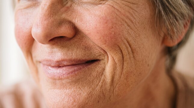 Close up of an elderly woman's smiling face showing wrinkles and texture of aged skin