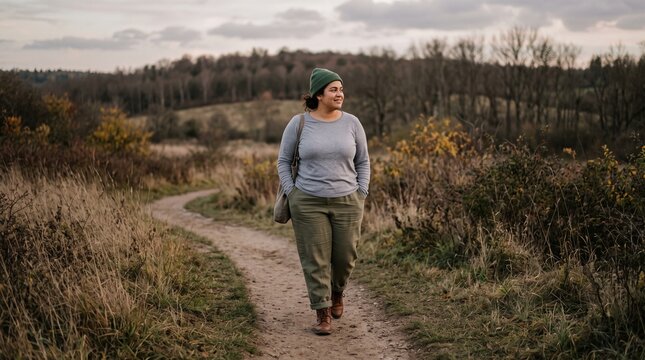 Woman walking on a dirt path through a dry grassy field with trees in the background during autumn