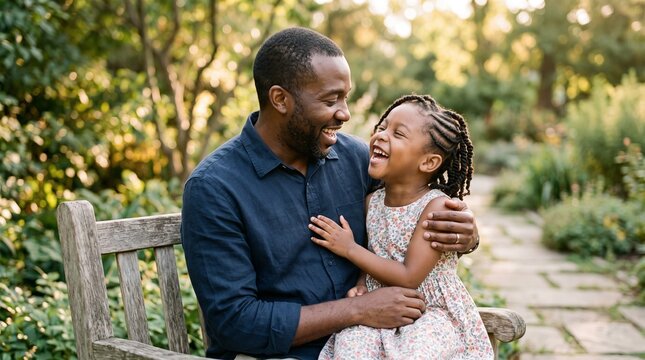 Joyful father and daughter share laughter on a park bench surrounded by lush greenery and dappled sunlight